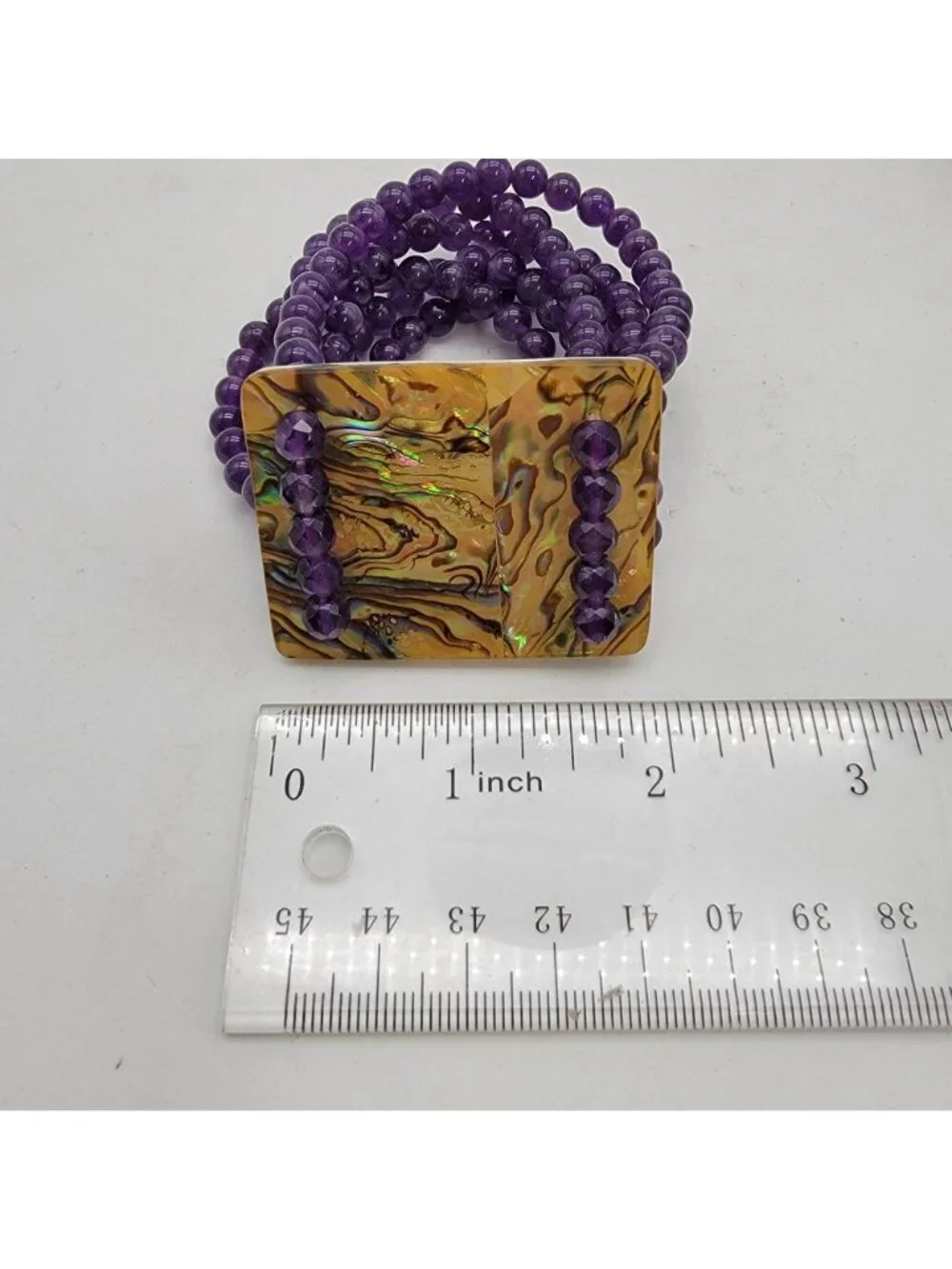 Multi-Strand Amethyst Gemstone Beaded Bracelet With Abalone Shell Panel - Picture 7 of 7